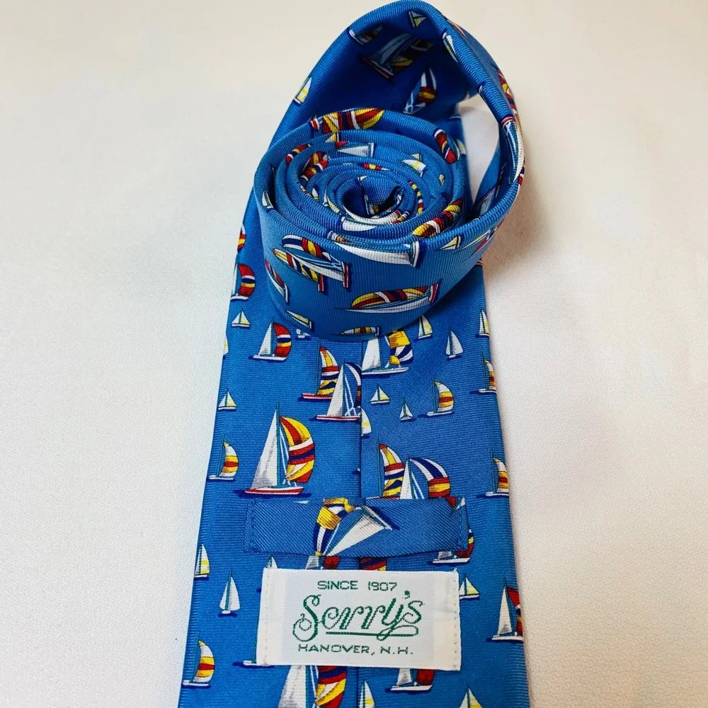 Serry's Blue Silk Necktie Sailboat Pattern Nautical Menswear Fashion Tie Hanover
